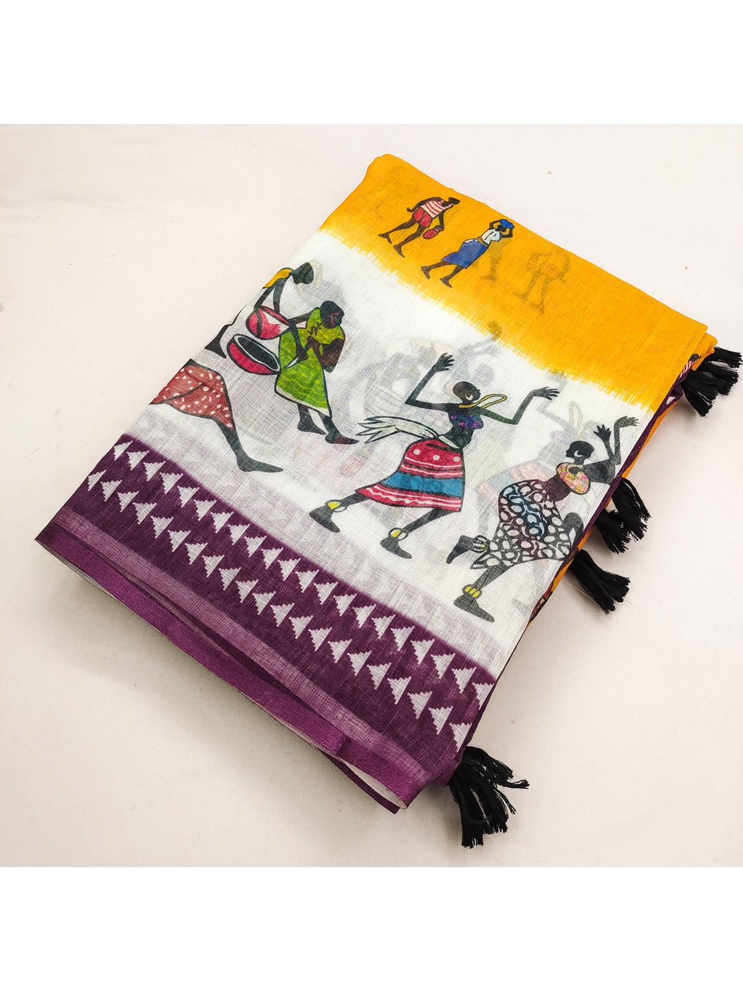 Yellow Soft Linen Cotton Printed Saree - Image 2