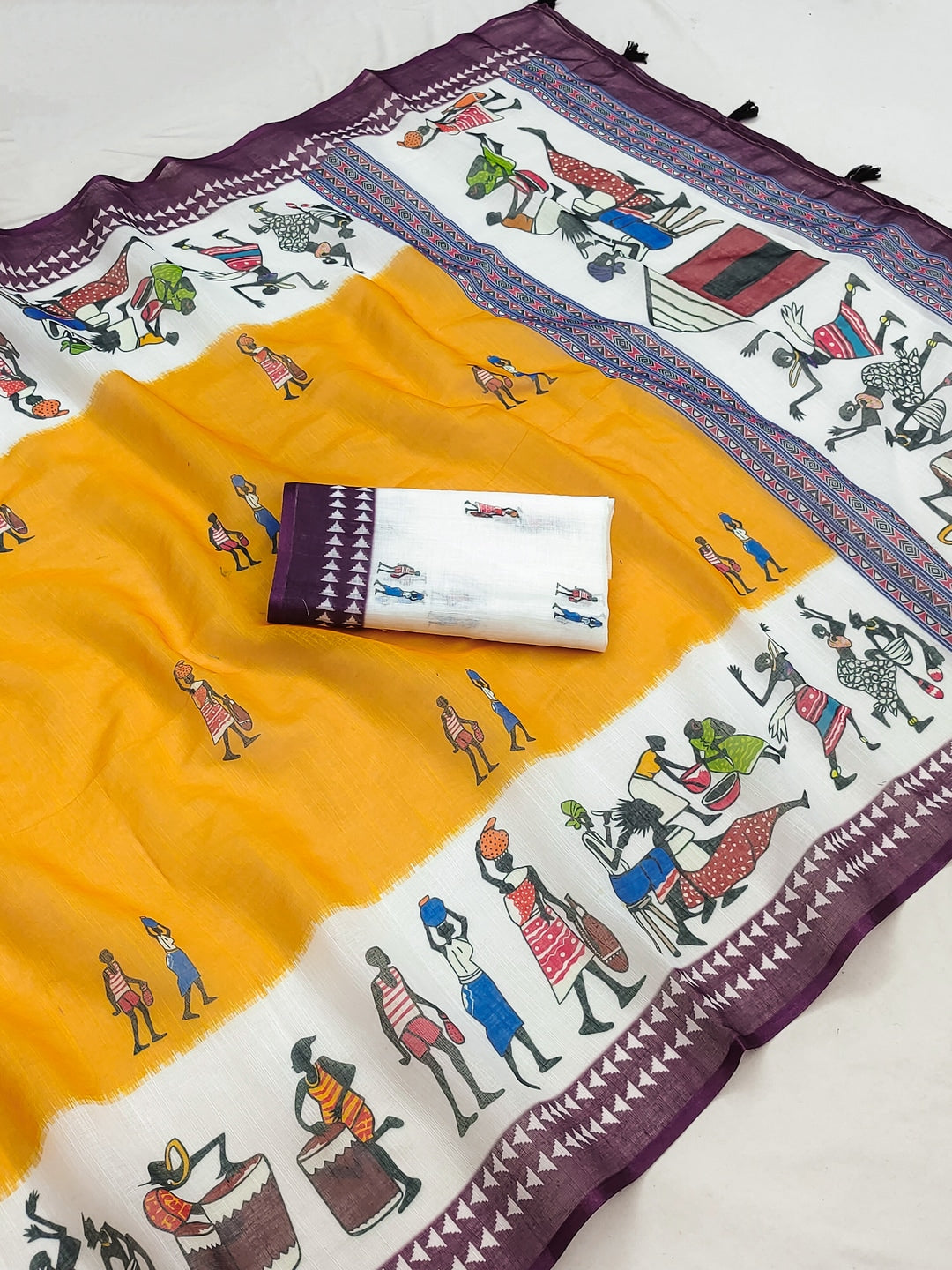 Yellow Soft Linen Cotton Printed Saree - Image 4