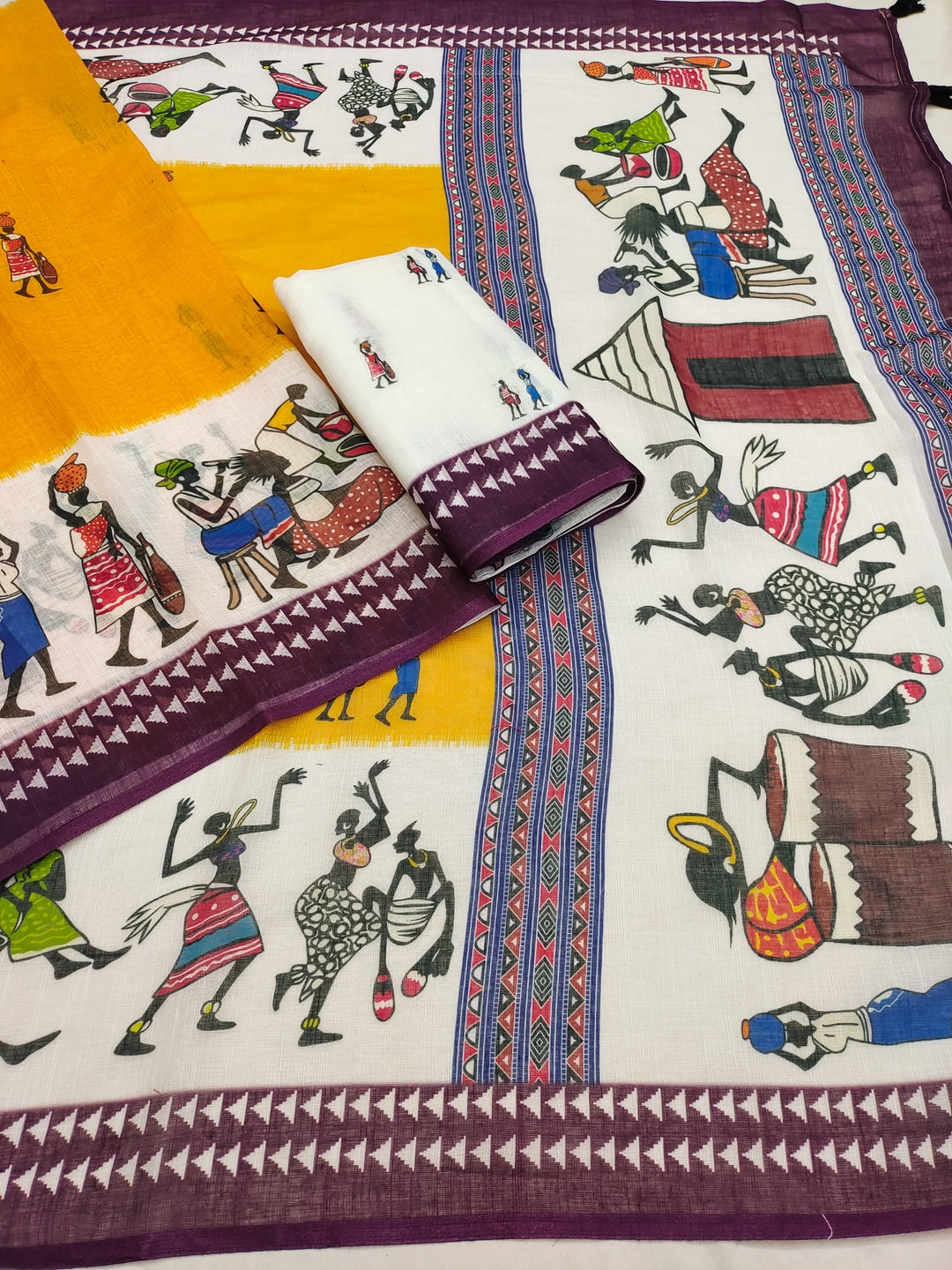 Yellow Soft Linen Cotton Printed Saree - Image 5