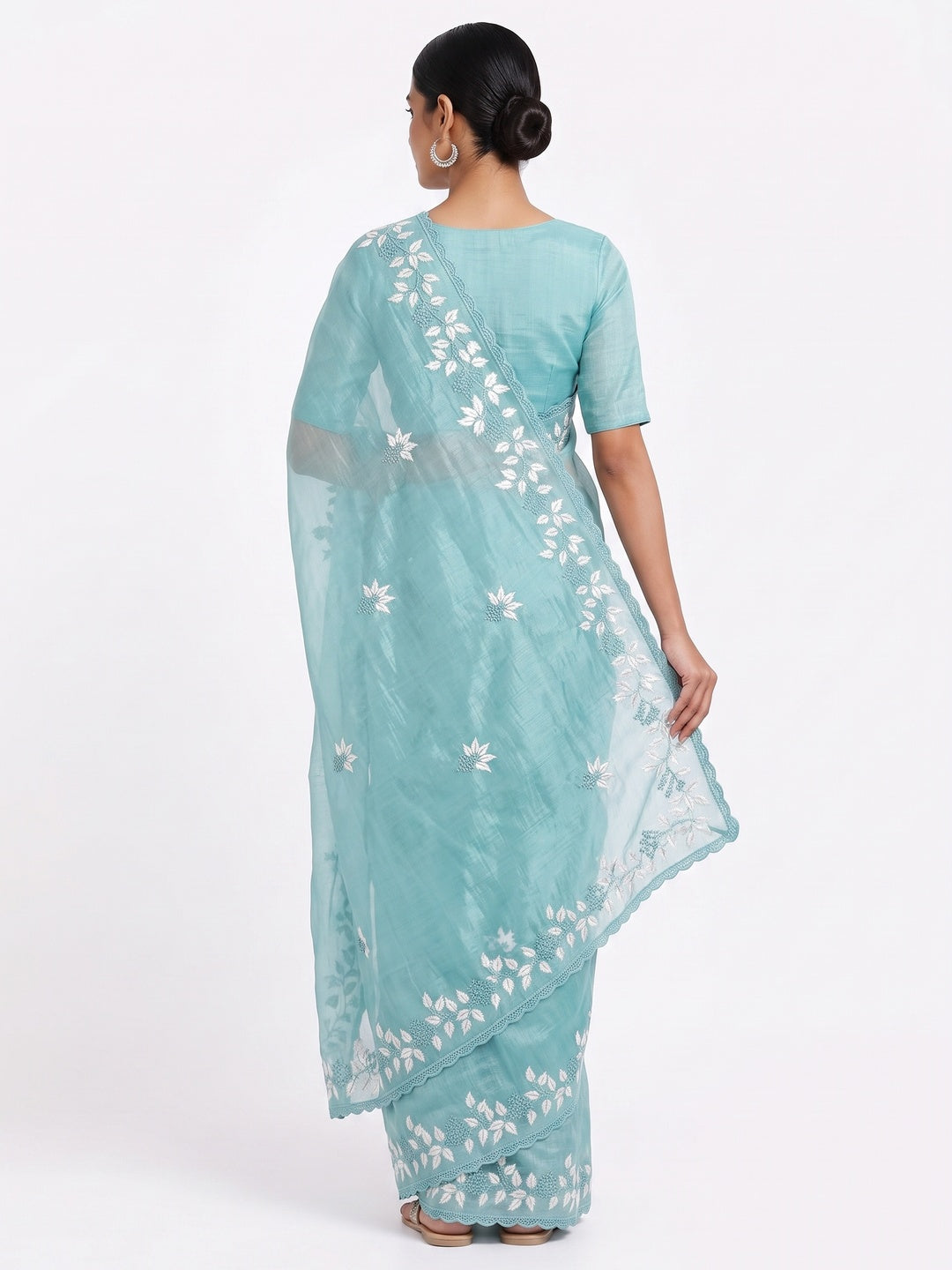 Turquoise Organza Saree Featuring Fine Floral Embroidery - Image 2