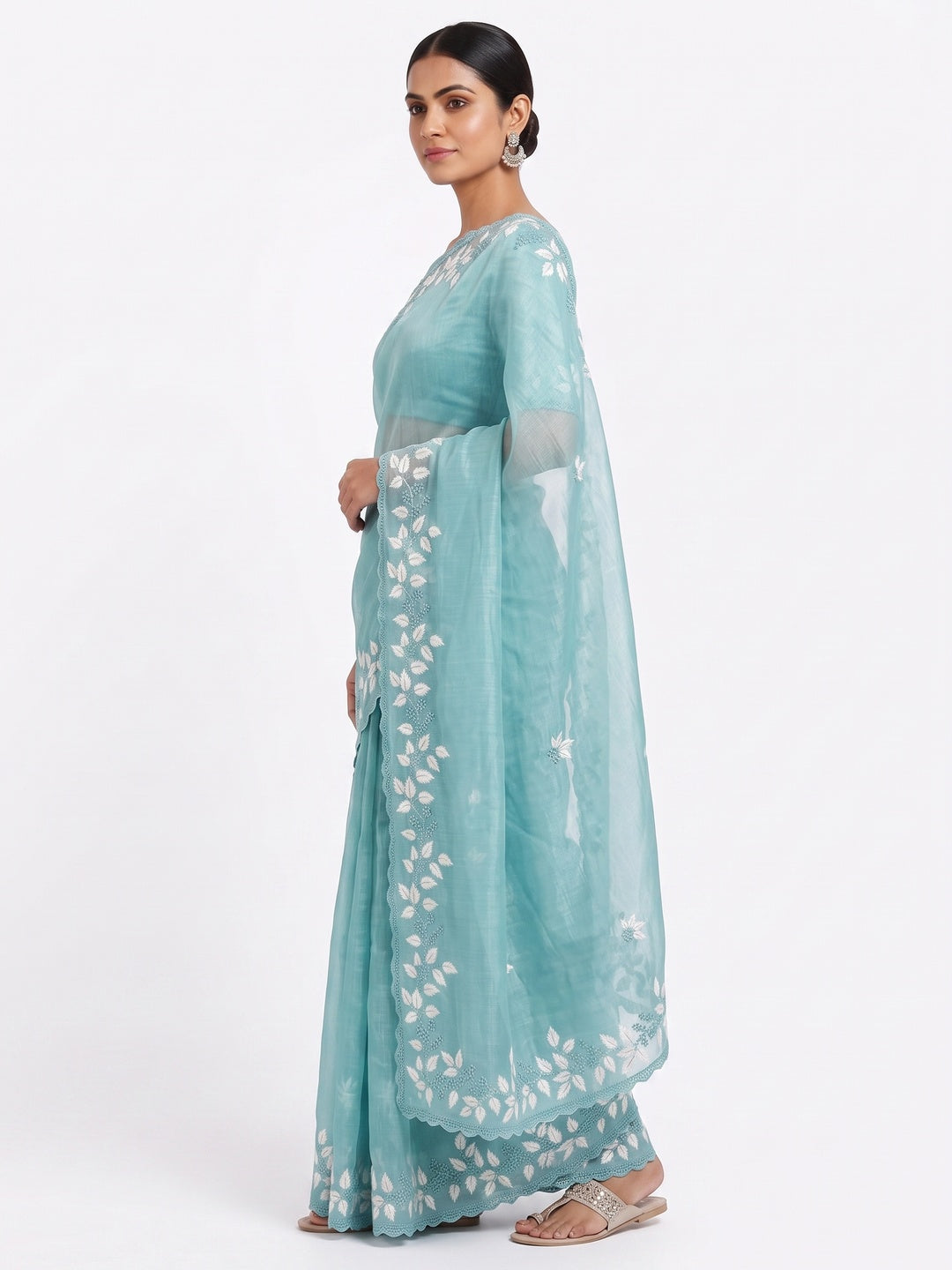 Turquoise Organza Saree Featuring Fine Floral Embroidery - Image 3