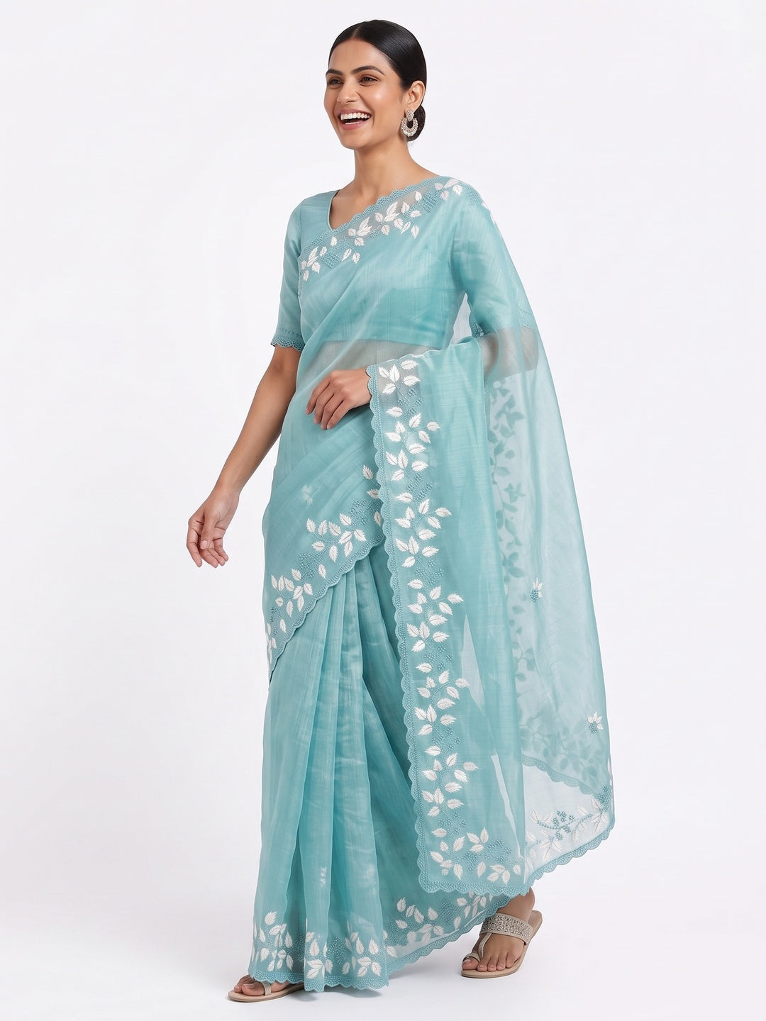 Turquoise Organza Saree Featuring Fine Floral Embroidery - Image 4