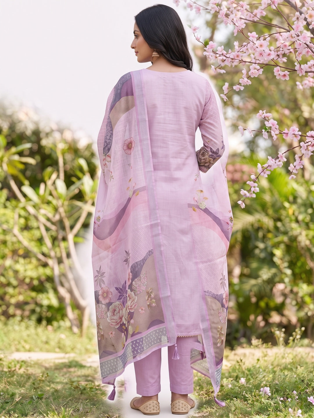 Elegant Floral Printed Lavender Linen Dress Material Set - Image 6
