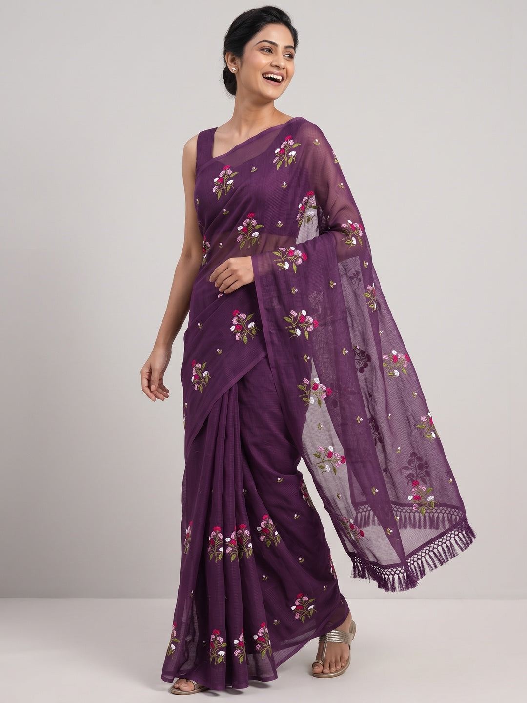 Purple Floral Embroidered Kota Doria Saree With Tassels - Image 3