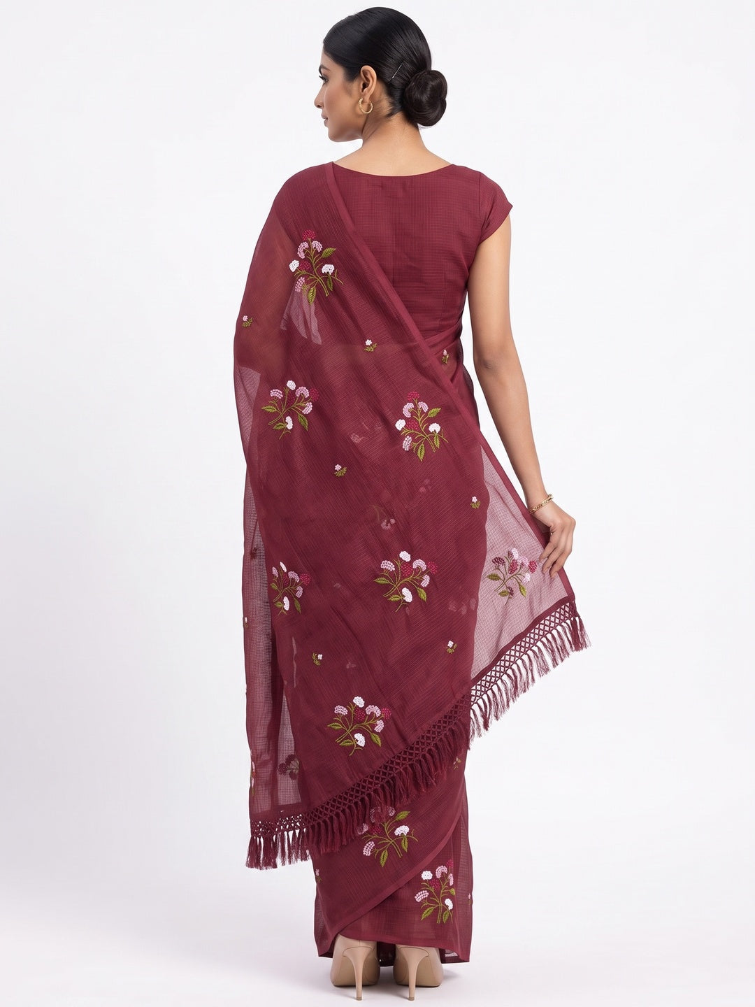 Maroon Floral Embroidered Kota Doria Saree With Tassels - Image 2