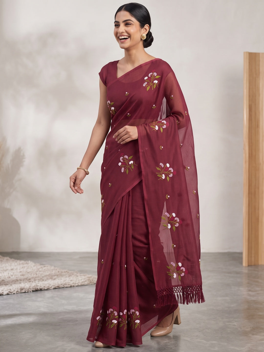Maroon Floral Embroidered Kota Doria Saree With Tassels - Image 4