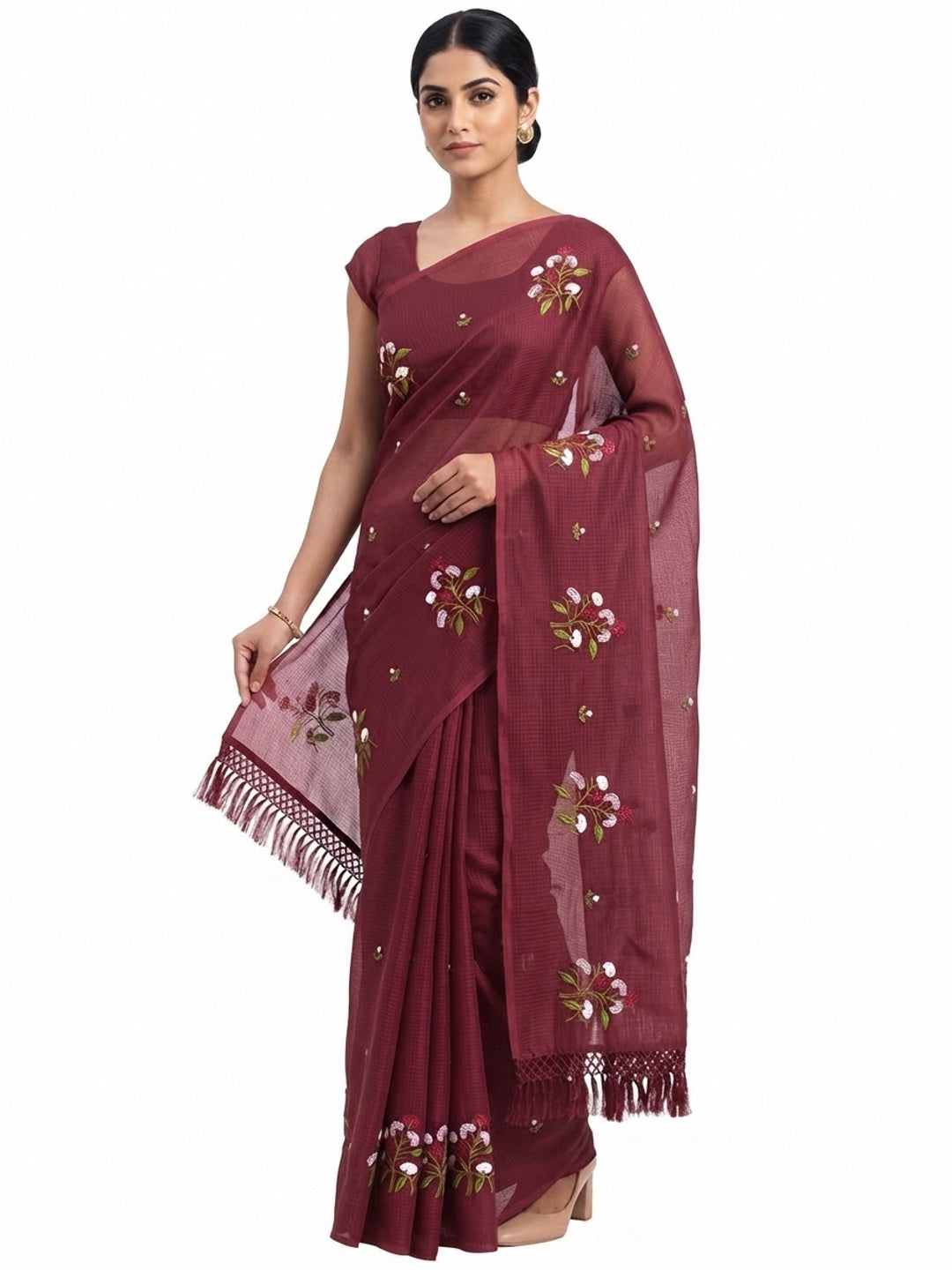 Maroon Floral Embroidered Kota Doria Saree With Tassels - Image 5