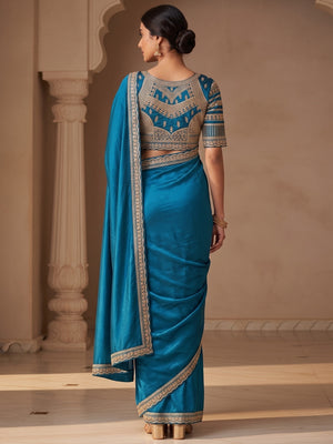 Teal Satin Saree with Embroidered Blouse Elegant Indian Attire - Image 2