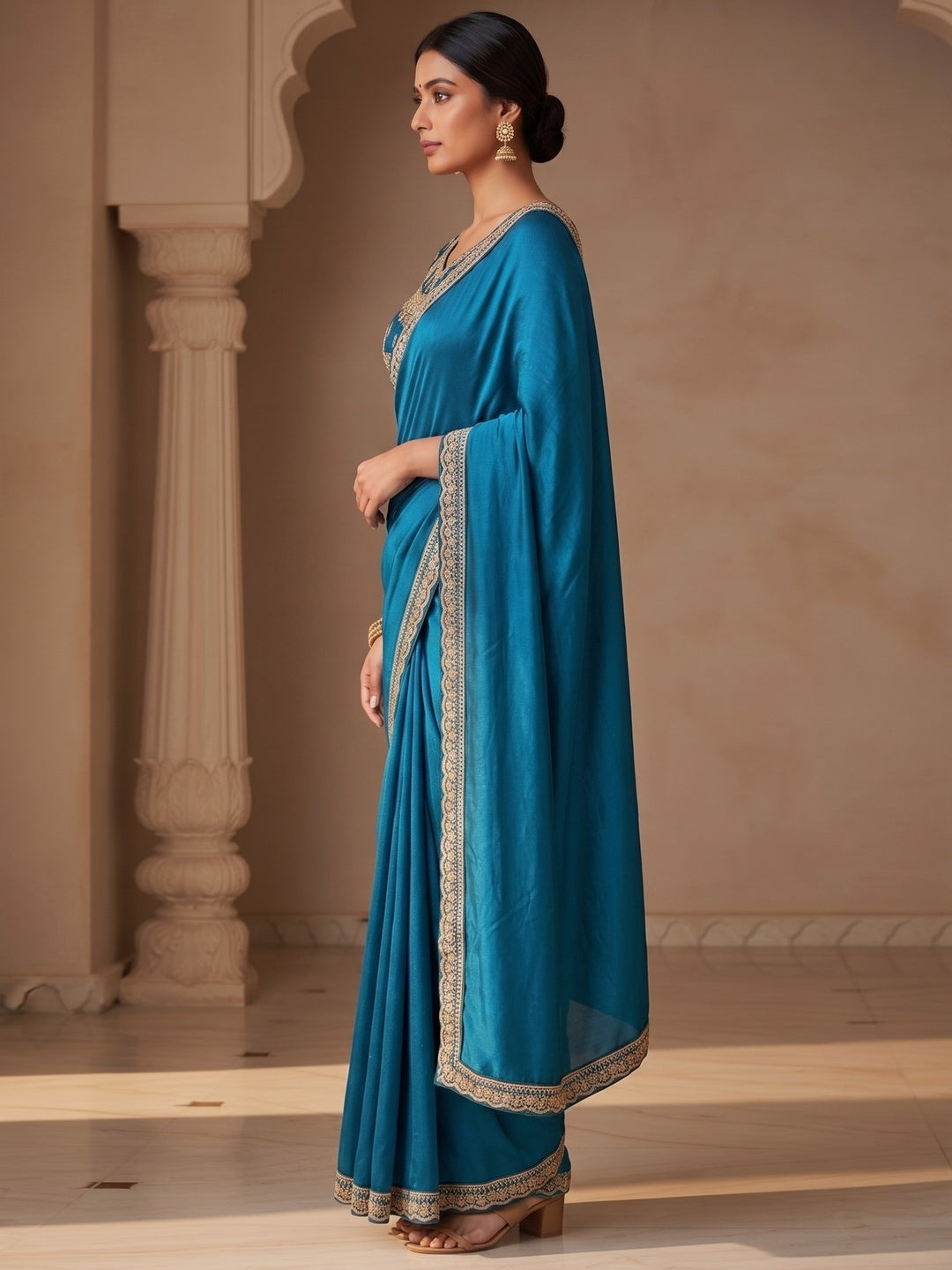 Teal Satin Saree with Embroidered Blouse Elegant Indian Attire - Image 3