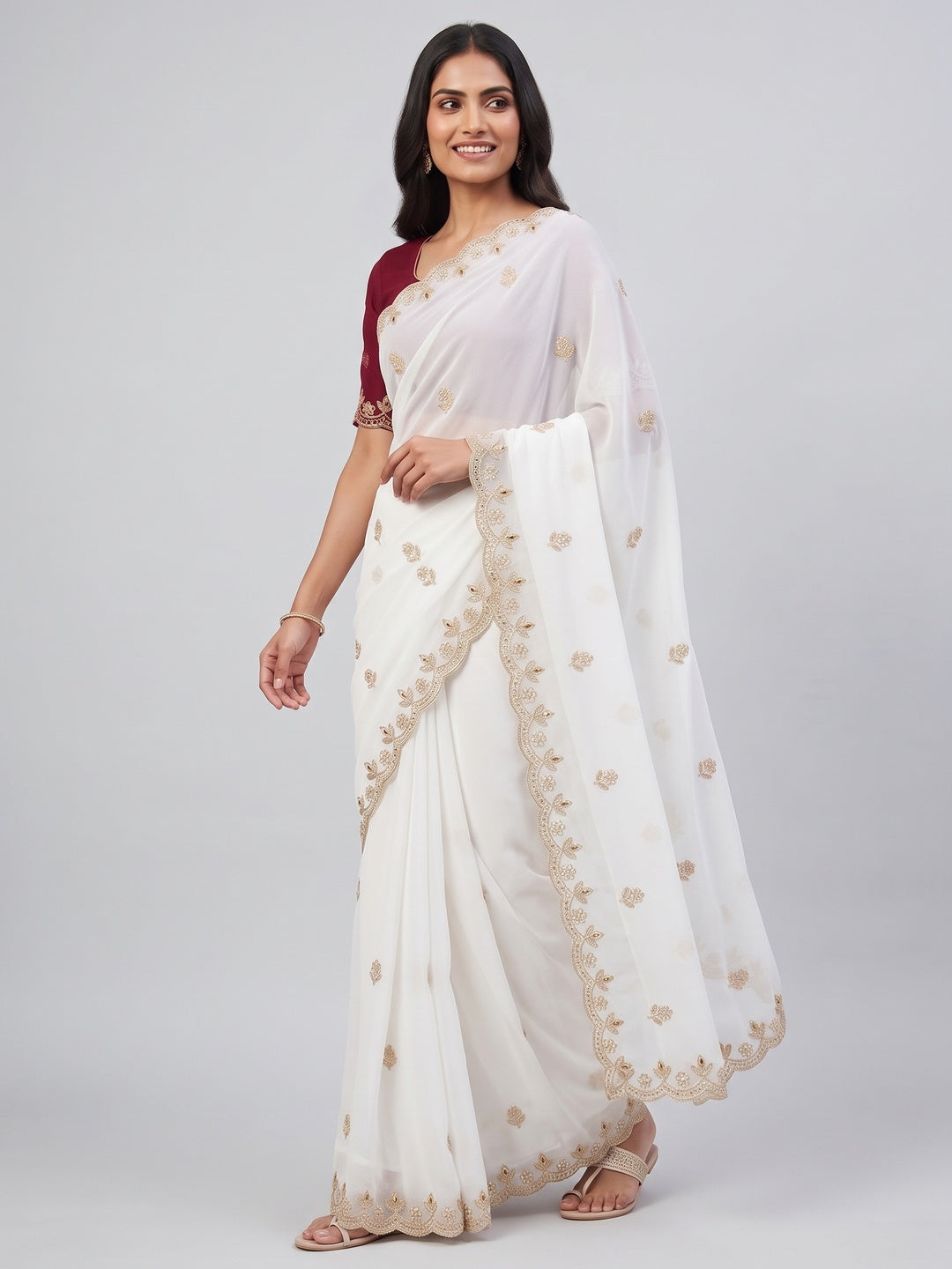 Graceful White Georgette Saree Adorned With Floral Embroidery & Moti Beads Detailing - Image 4