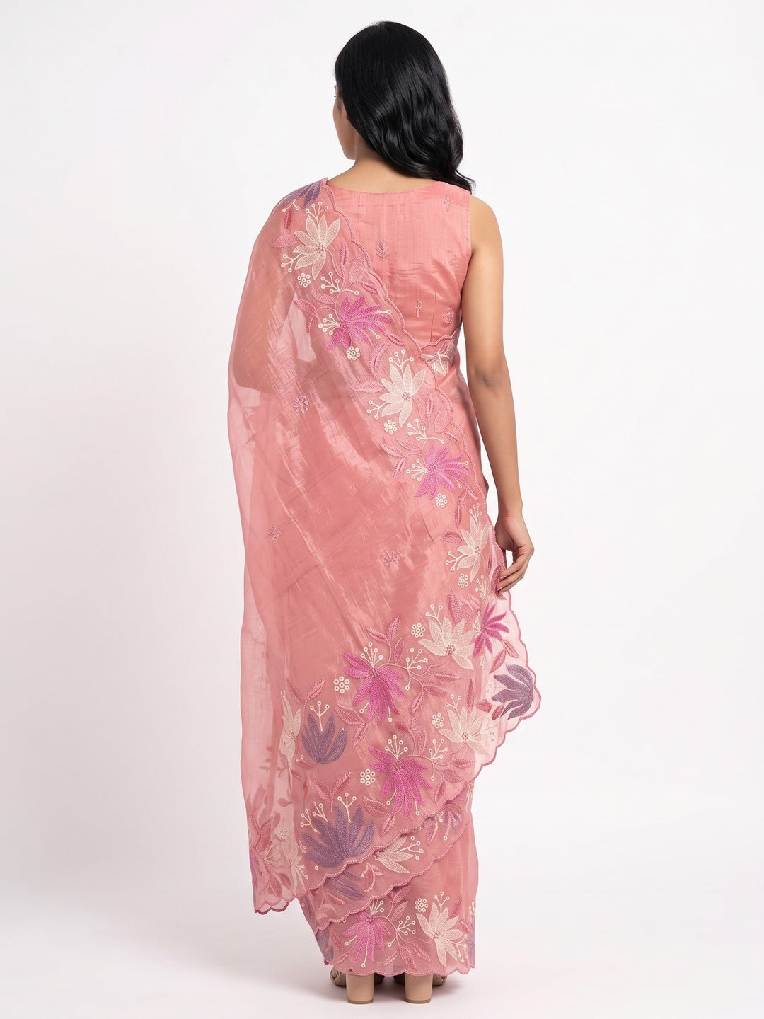 Peach Organza Party Saree with Intricate Floral Embroidery - Image 2