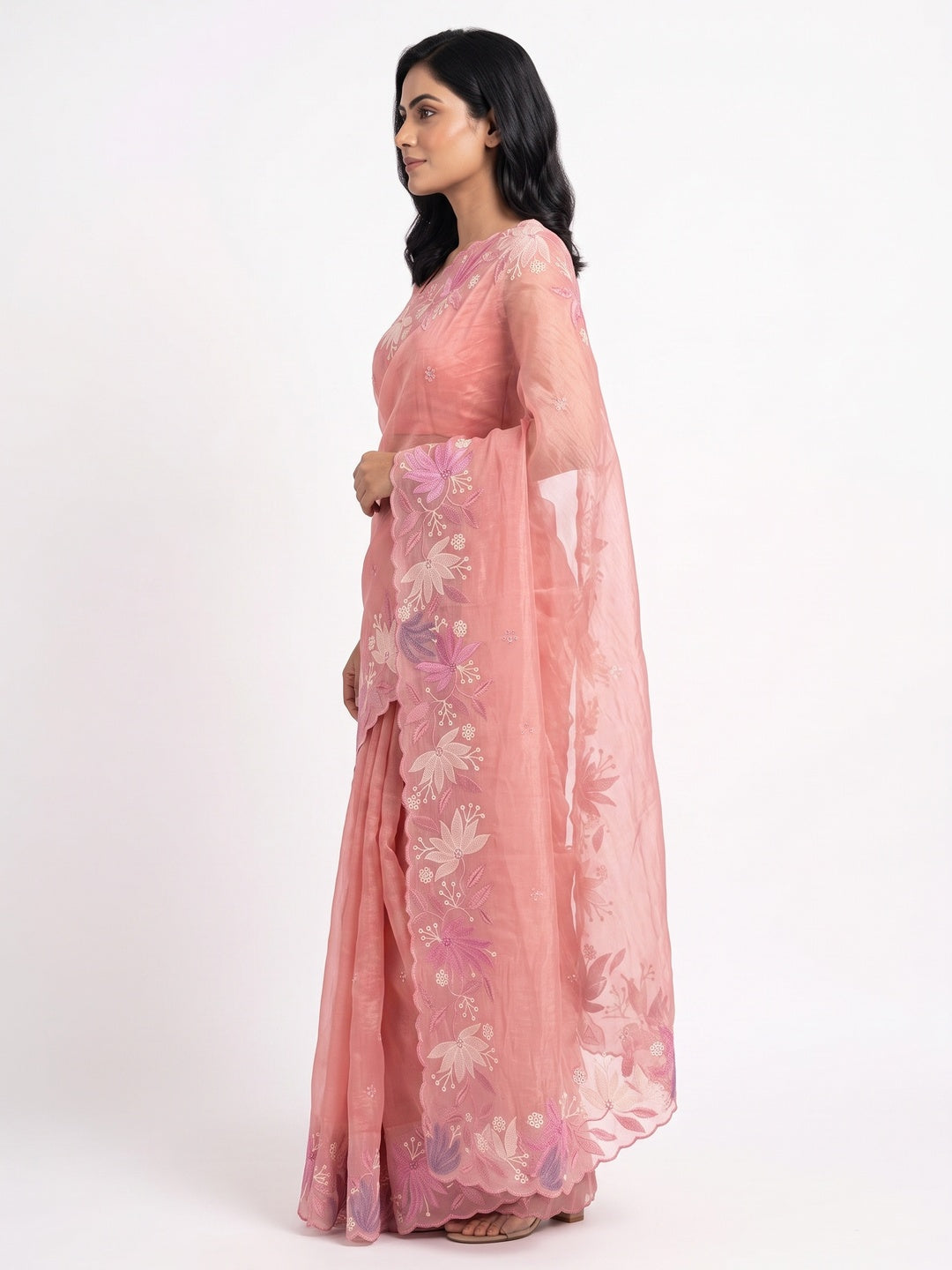 Peach Organza Party Saree with Intricate Floral Embroidery - Image 3