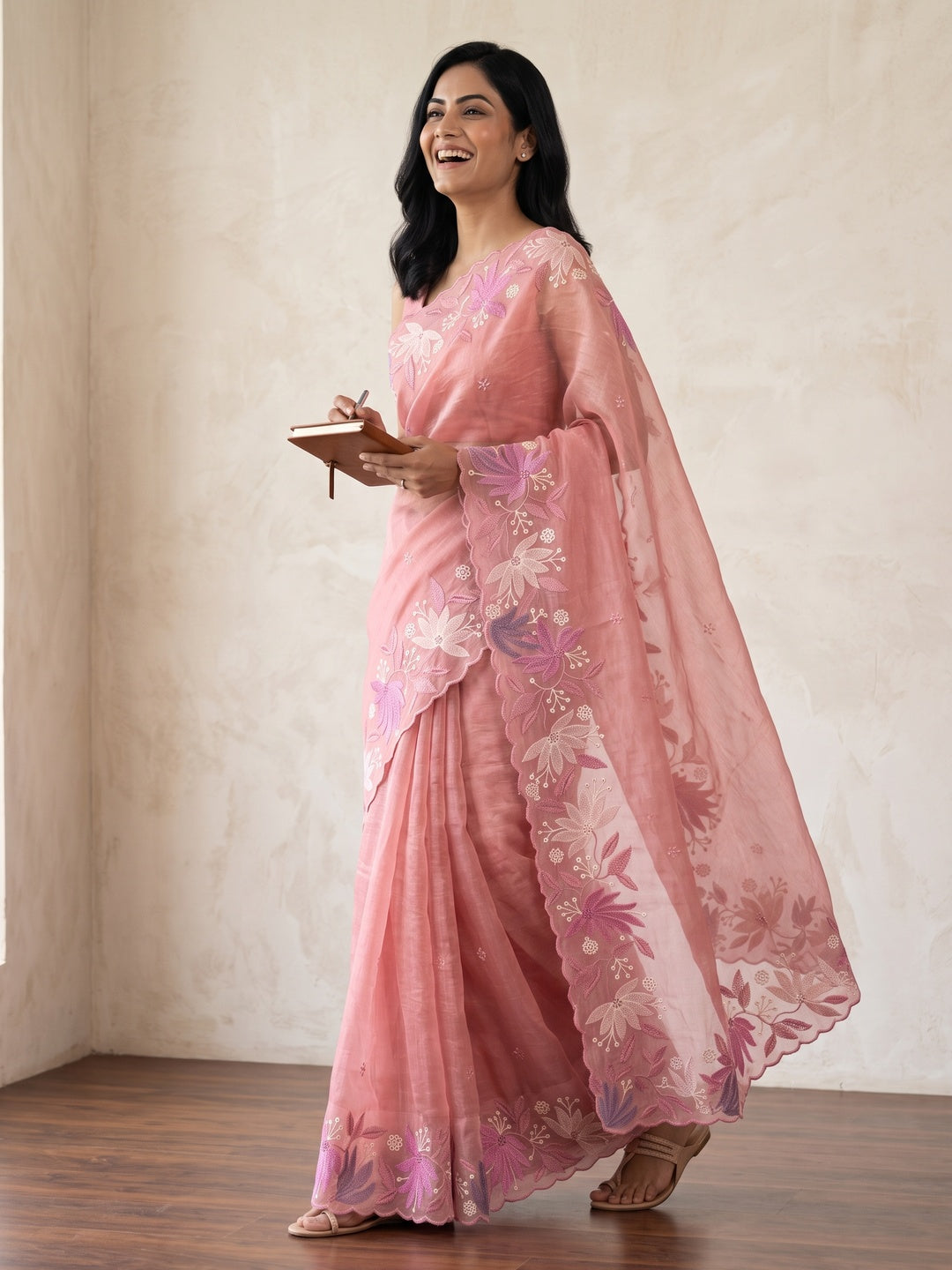 Peach Organza Party Saree with Intricate Floral Embroidery - Image 4