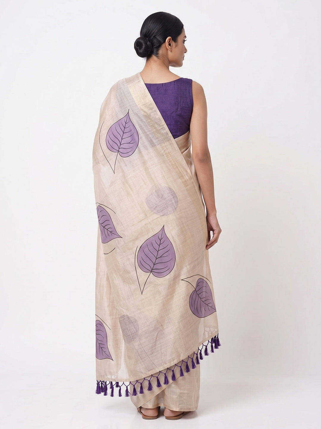Beige & Violet Saree in Art Silk Featuring Leafy Print & Tassels - Image 2