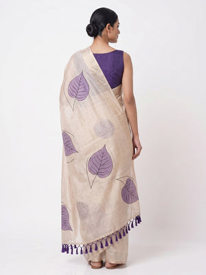 Beige & Violet Saree in Art Silk Featuring Leafy Print & Tassels - Image 2