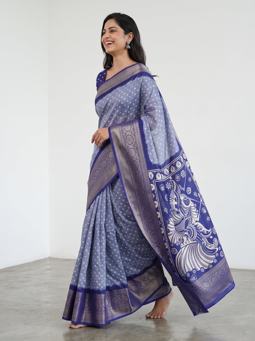 Blue Bandhani Design Dola Silk Saree with Classic Zari Detailing - Image 4