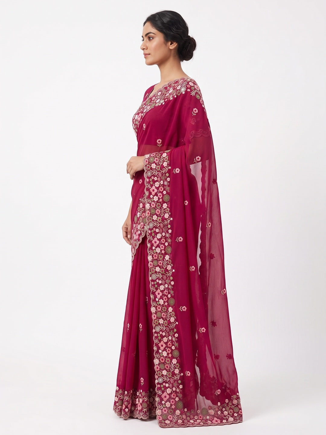 Graceful Pink Georgette Saree Featuring Exquisite Floral Thread Embroidery Work - Image 3