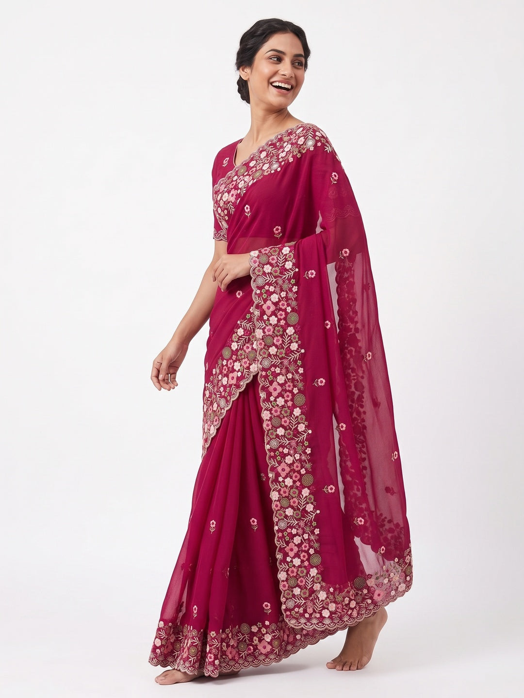 Graceful Pink Georgette Saree Featuring Exquisite Floral Thread Embroidery Work - Image 4