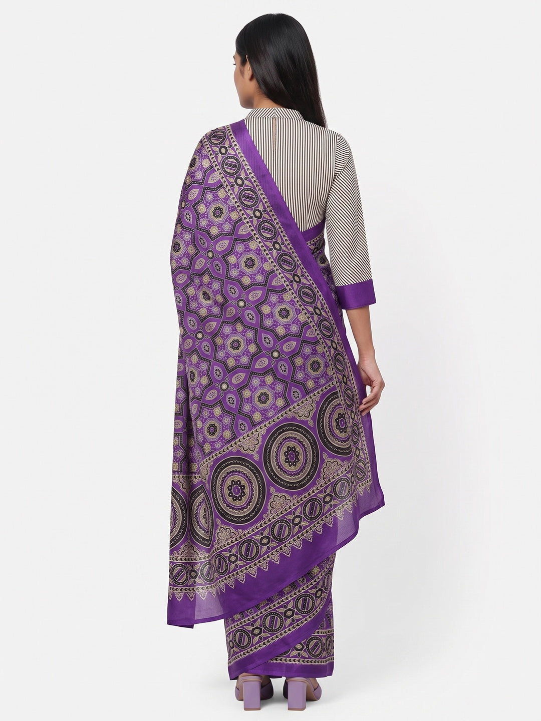 Modern Style Violet Ajrakh Printed Crepe Silk Saree for Elegant Party Occasions - Image 2