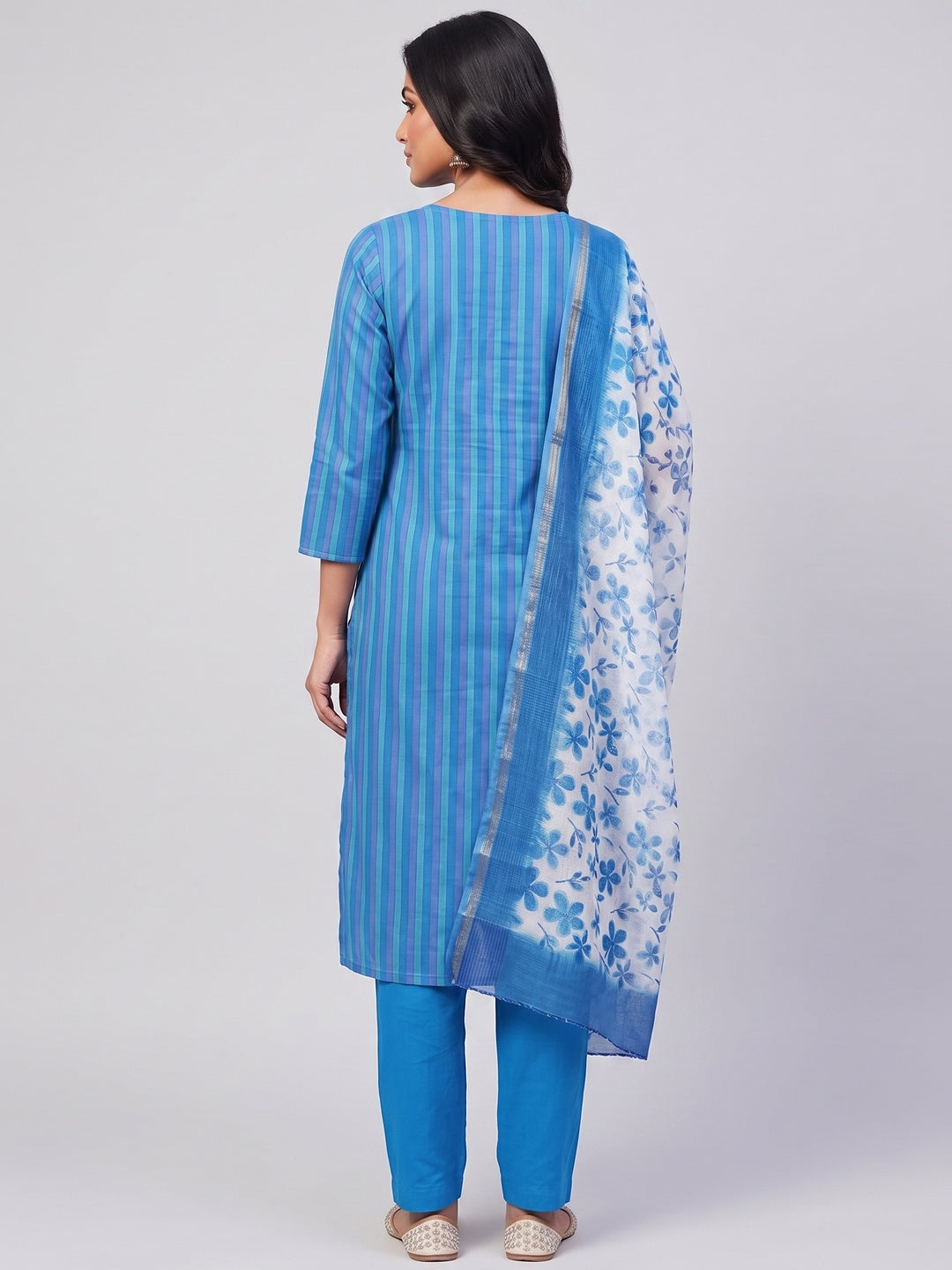 Peachmode Blue Cotton Dress Material with Striped - Image 2