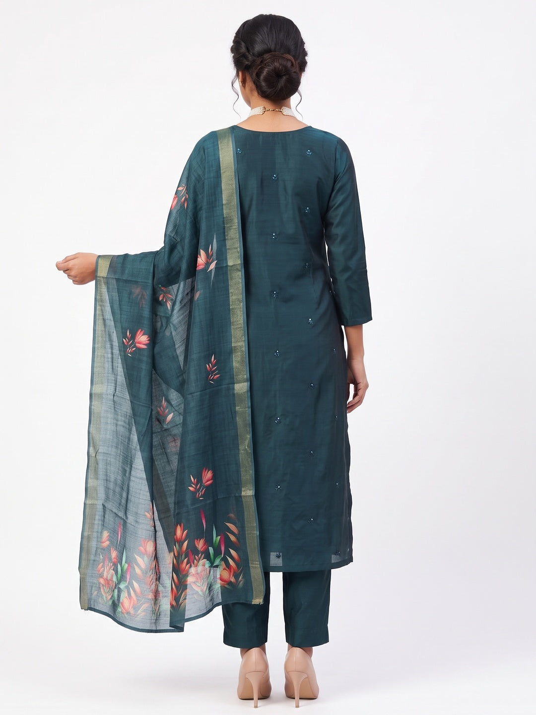 Festive Teal Floral Embroidered Art Silk Dress Material with Fine Thread Work - Image 2