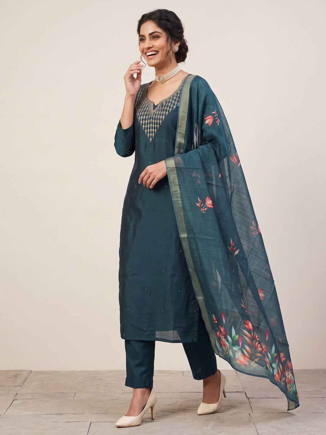 Festive Teal Floral Embroidered Art Silk Dress Material with Fine Thread Work - Image 4