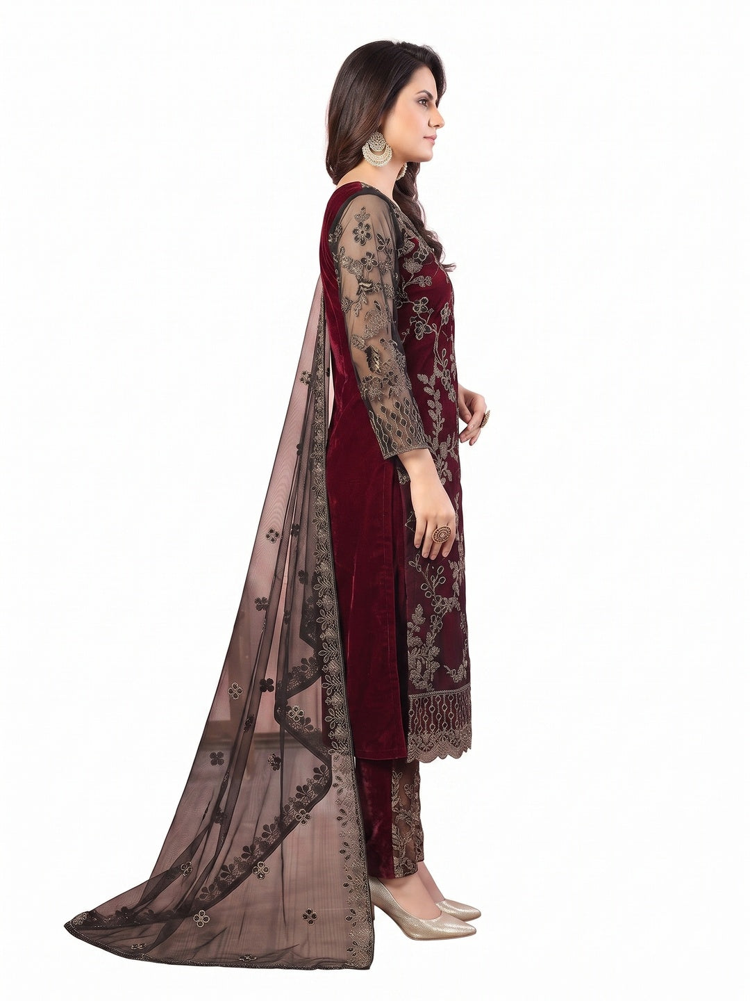 Maroon Floral Embroidered Net Semi Stitched Suit - Image 3