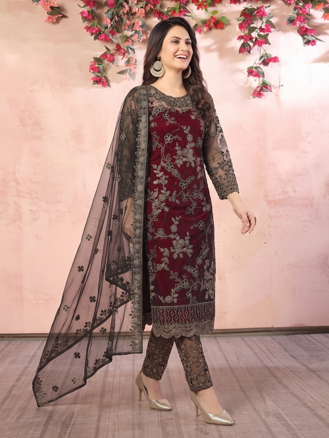 Maroon Floral Embroidered Net Semi Stitched Suit - Image 4