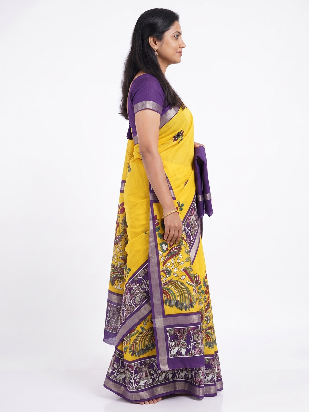Yellow Kalamkari Printed Pure Mulmul Cotton Saree - Image 4
