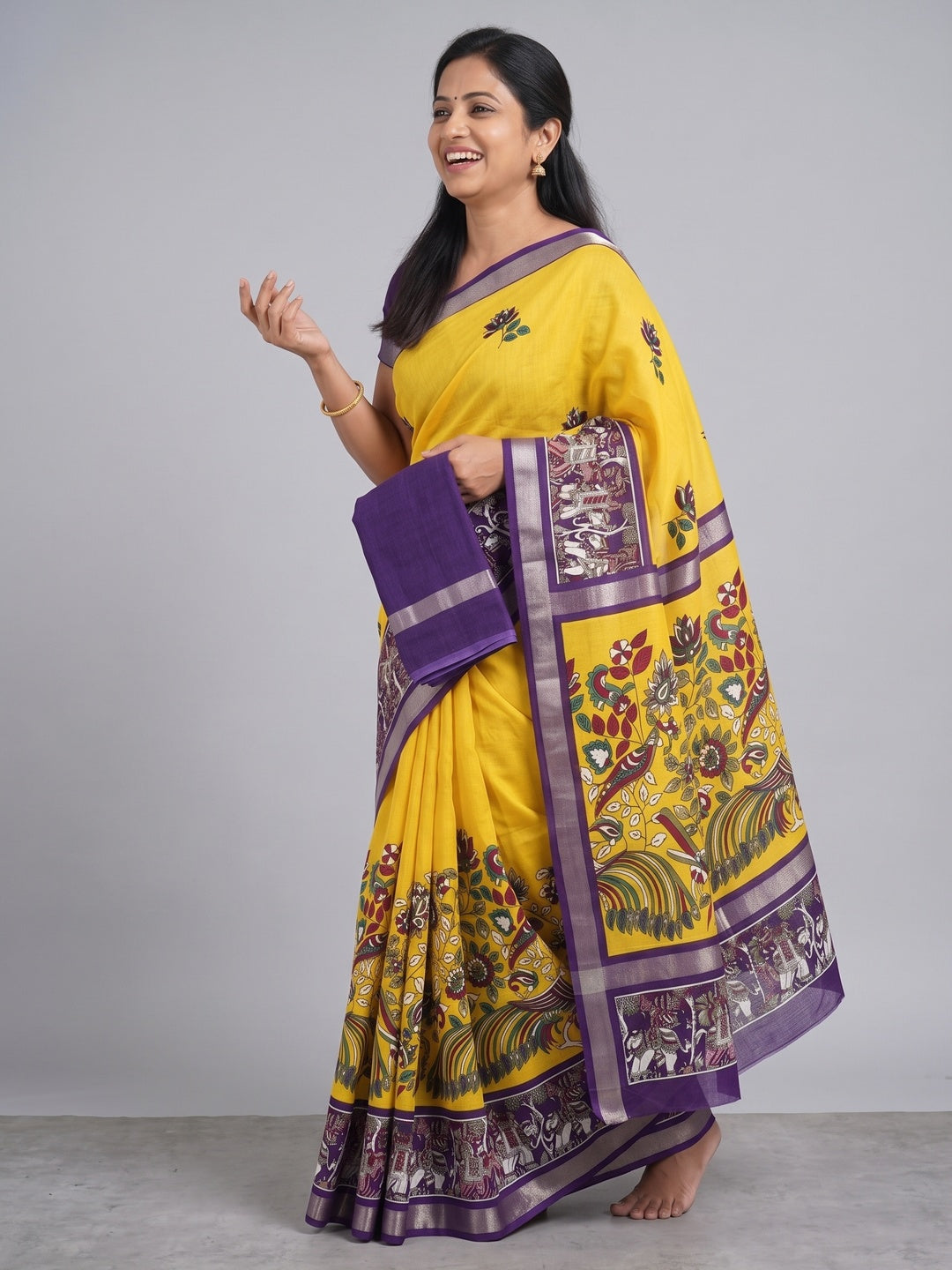 Yellow Kalamkari Printed Pure Mulmul Cotton Saree - Image 5