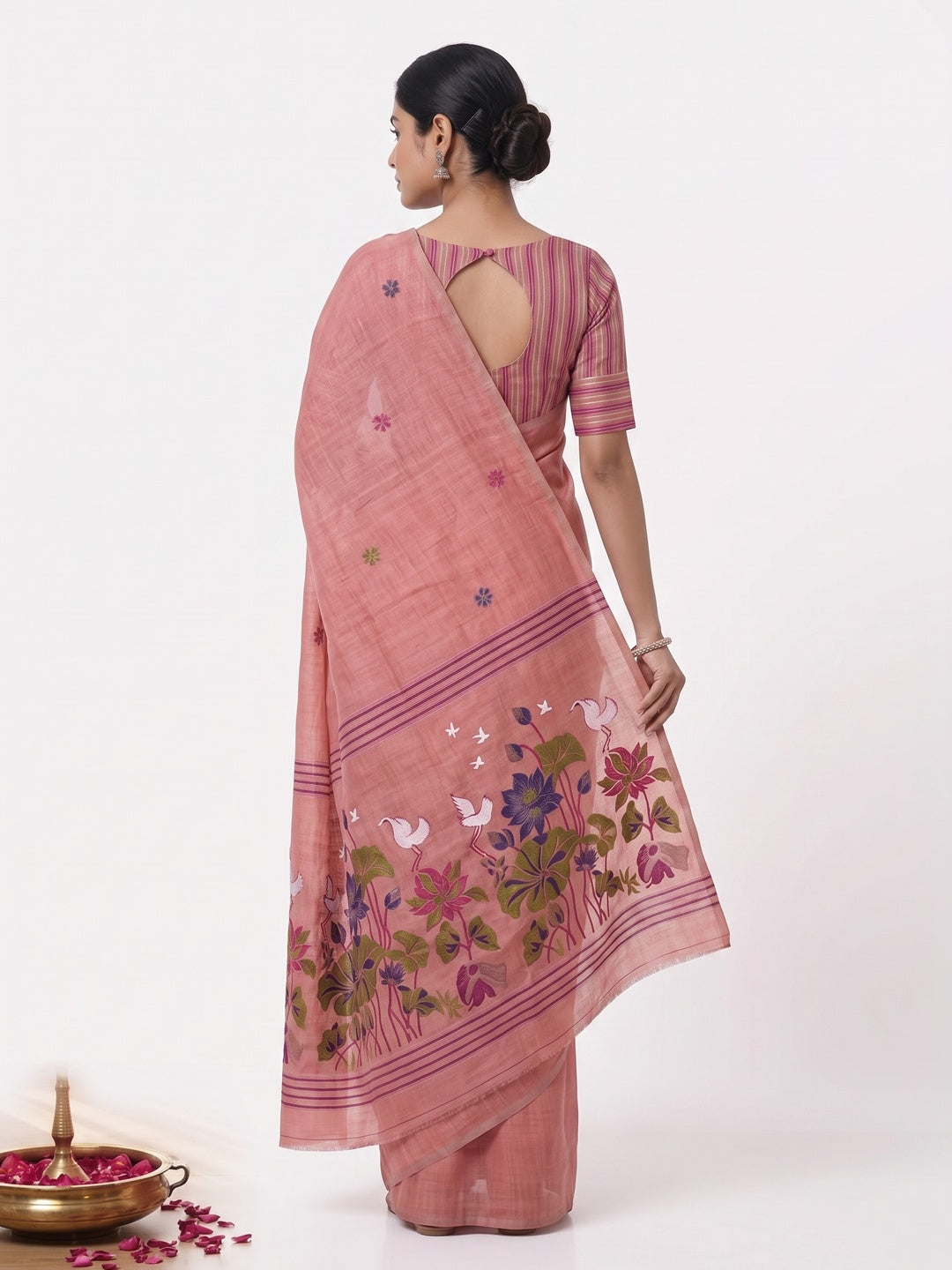 Peachmode Pink Linen Jamdani Saree for Traditional Wear - Image 5