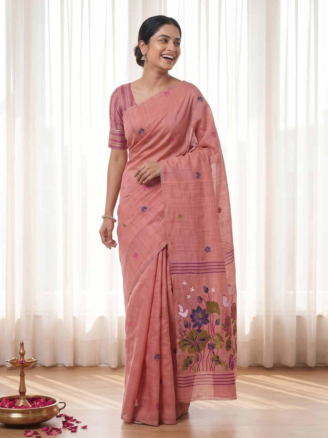 Peachmode Pink Linen Jamdani Saree for Traditional Wear - Image 7