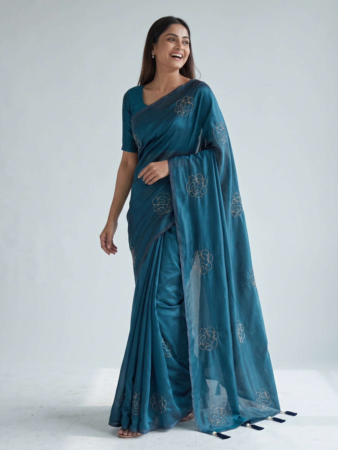 Peachmode Blue Satin Floral Embroidered Saree - Image 7