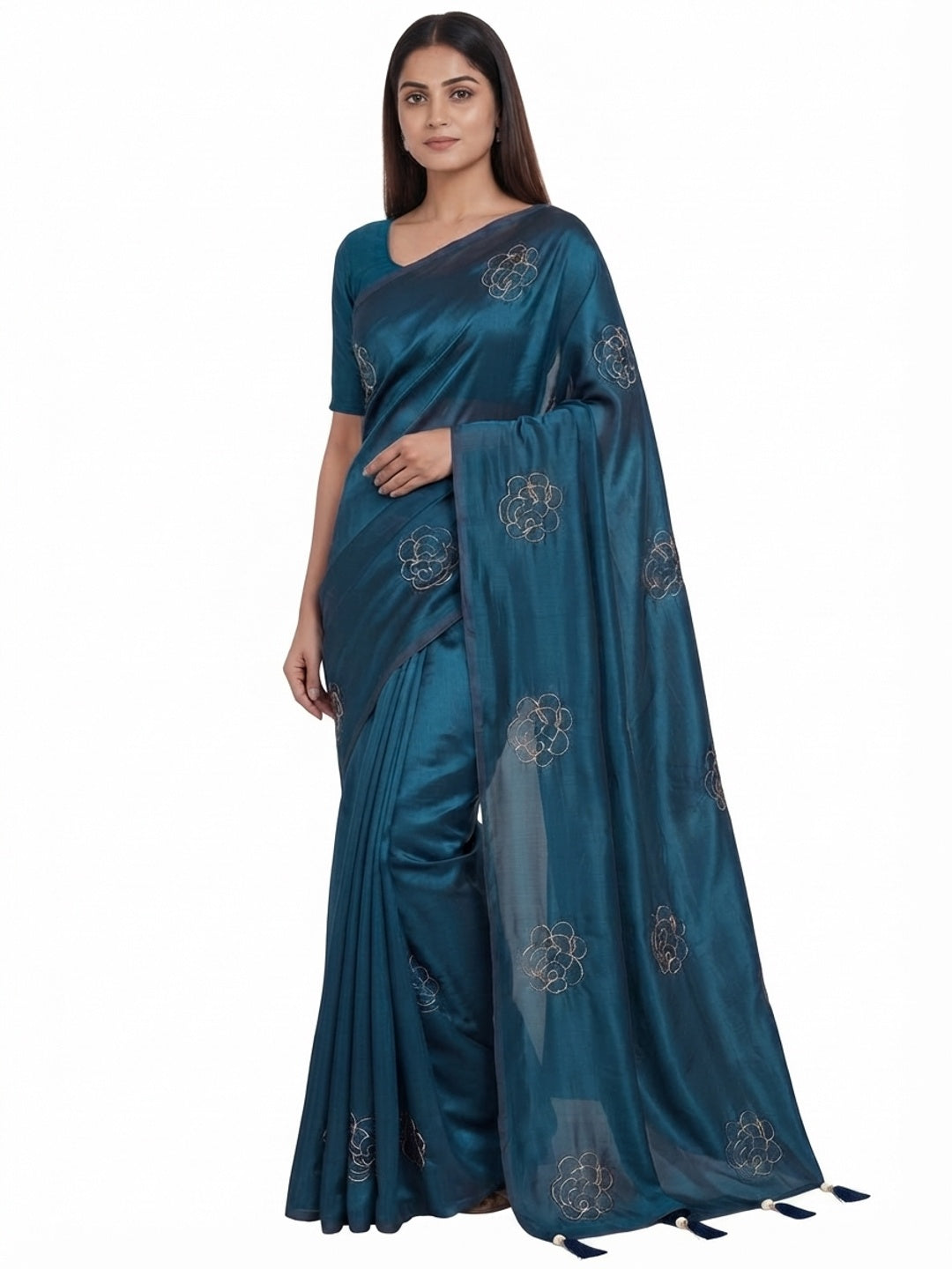 Peachmode Blue Satin Floral Embroidered Saree - Image 8