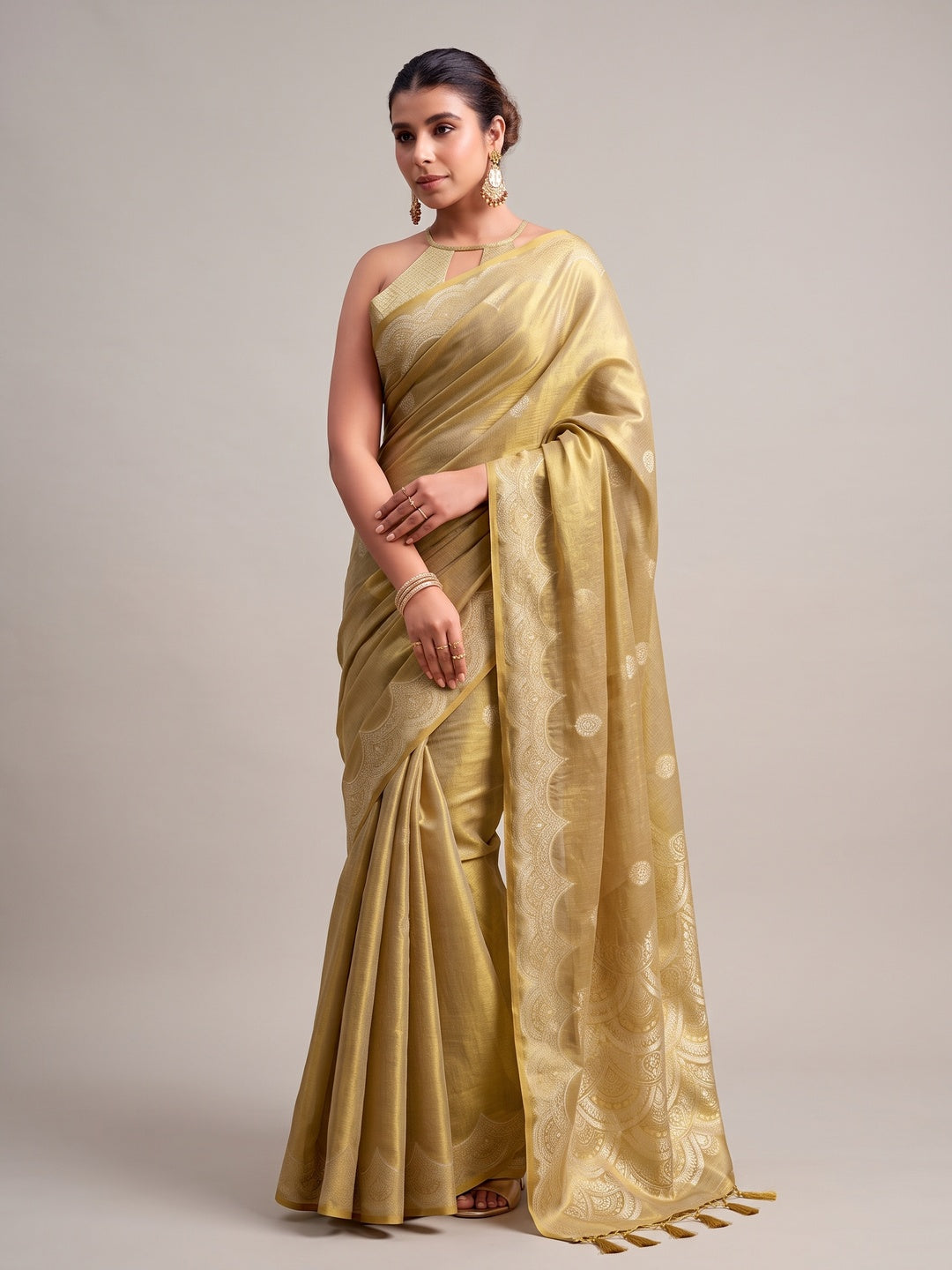 Peachmode Gold Woven Tissue Silk Saree - Image 2