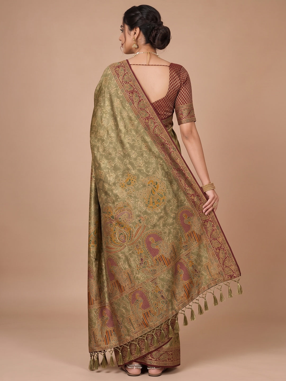Peachmode Olive Kanjivaram Silk Woven Saree - Image 4