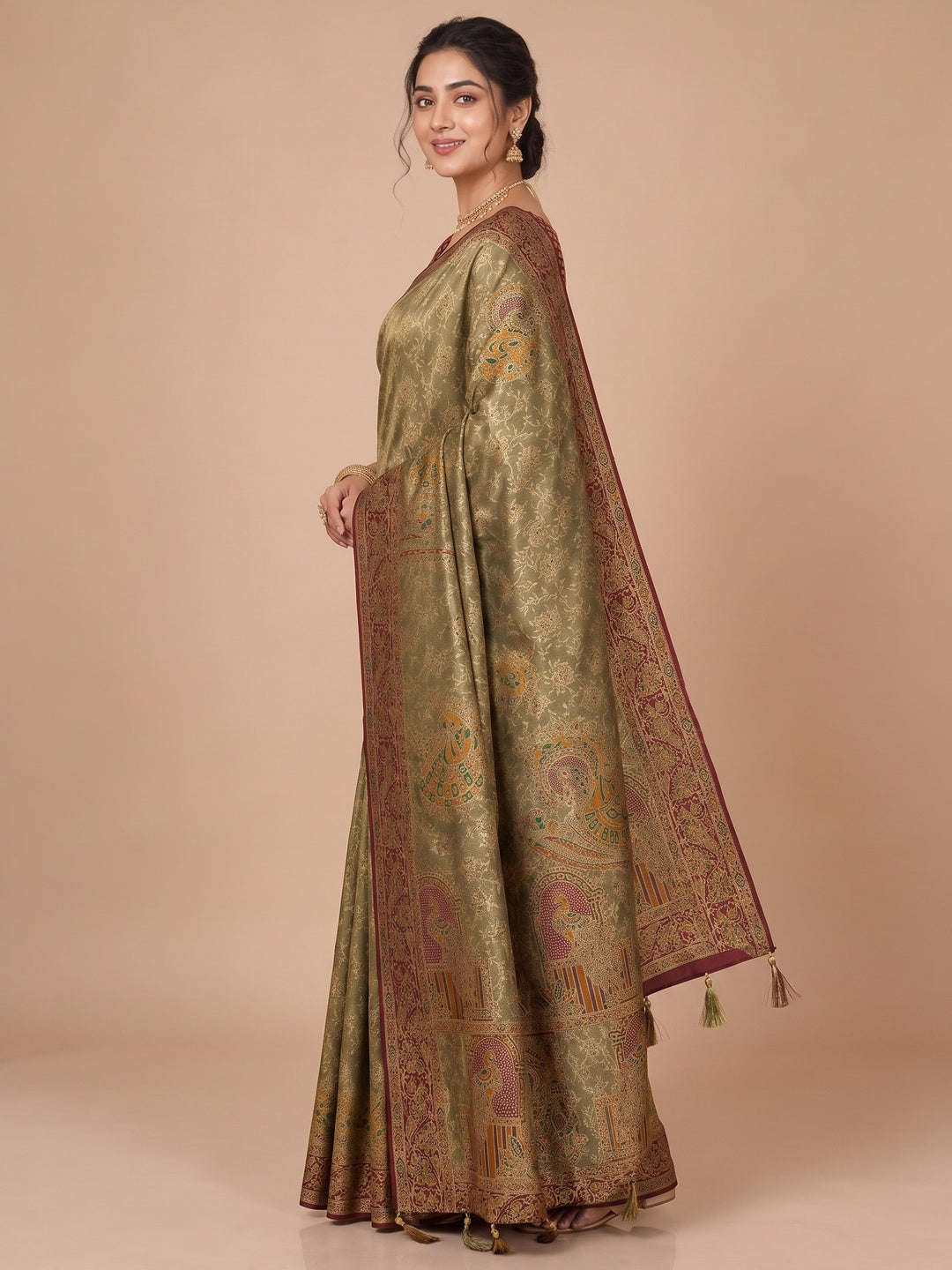 Peachmode Olive Kanjivaram Silk Woven Saree - Image 5
