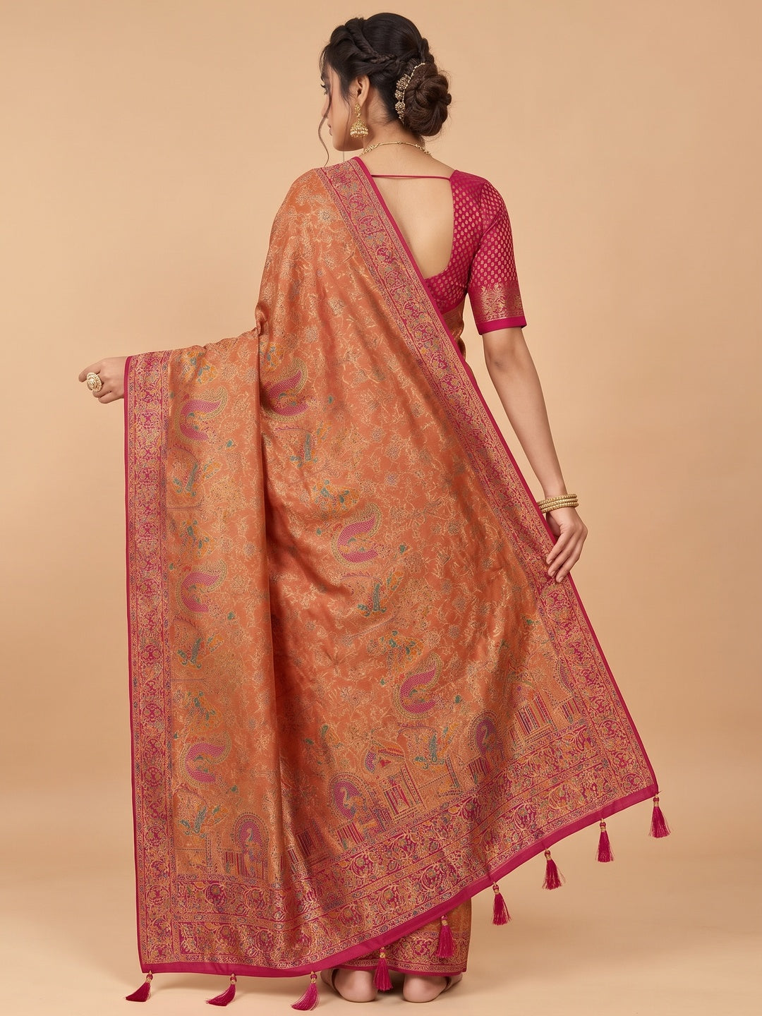 Peachmode Rust Kanjivaram Silk Woven Saree - Image 4