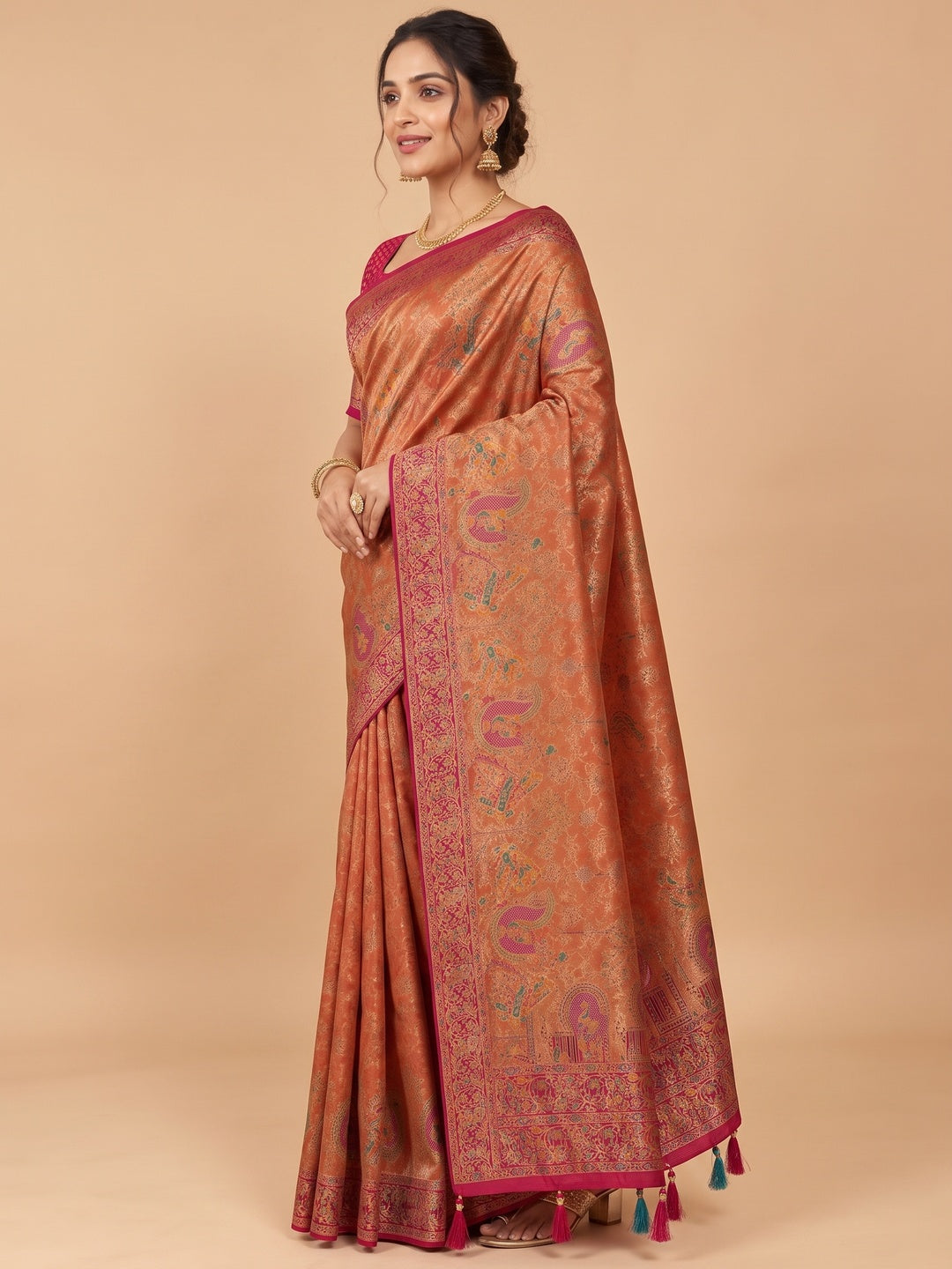 Peachmode Rust Kanjivaram Silk Woven Saree - Image 5