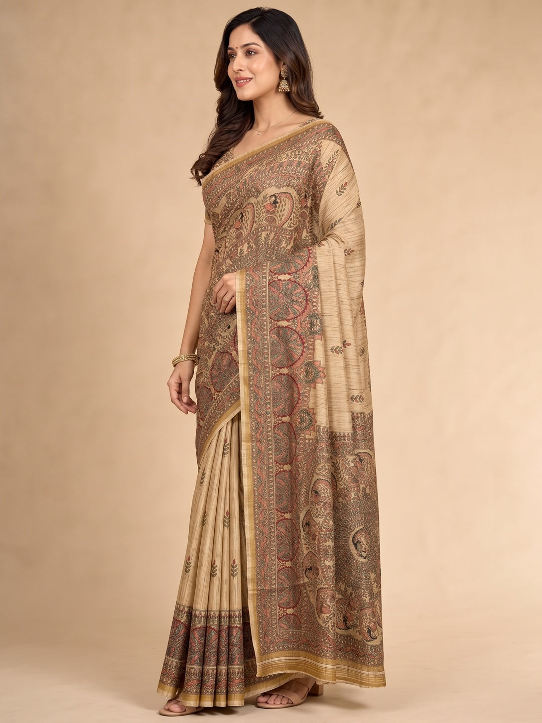 Peachmode Cream Art Silk Digital Printed Saree - Image 5