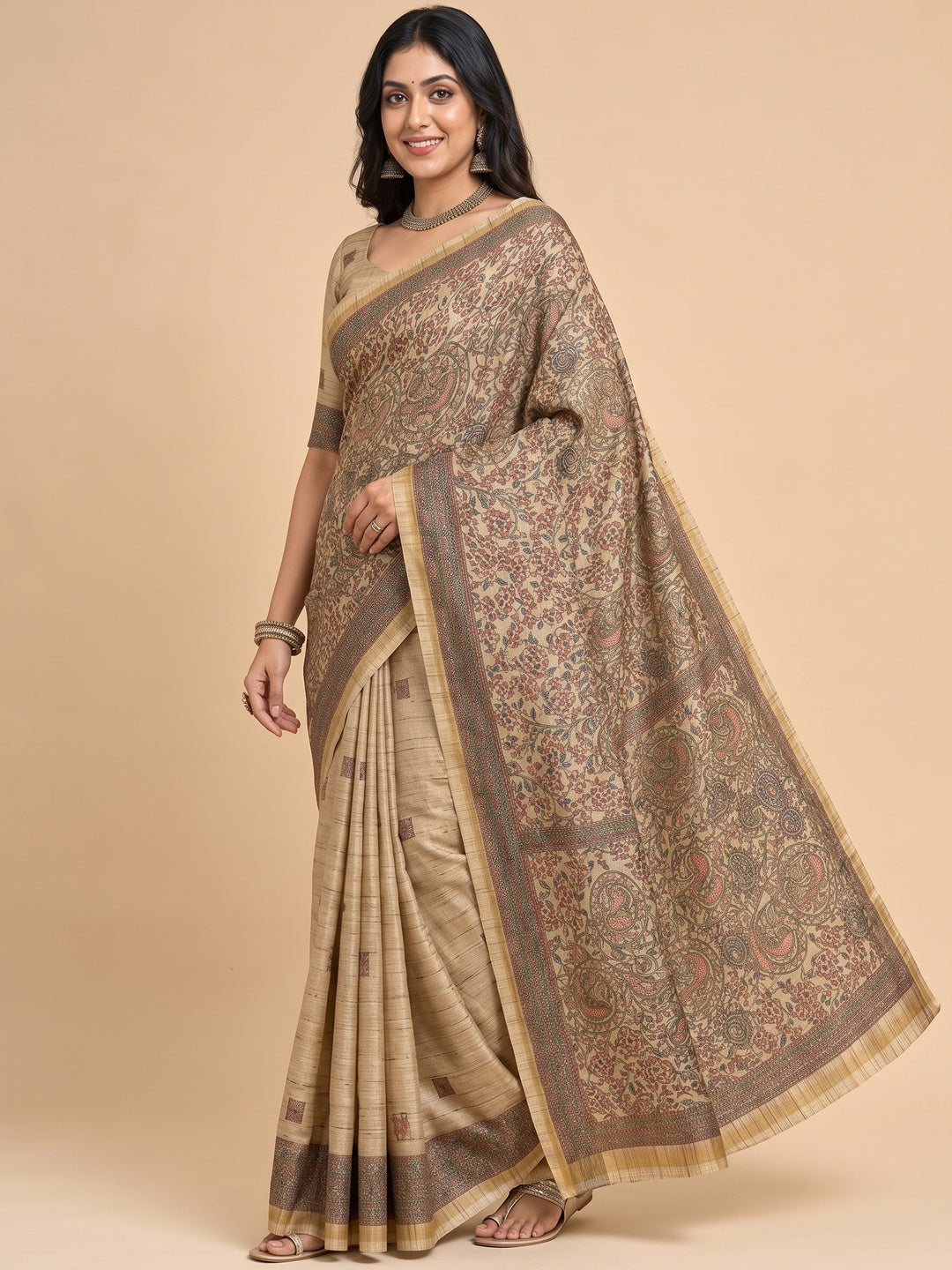 Peachmode Beige Art Silk Digital Printed Saree - Image 5