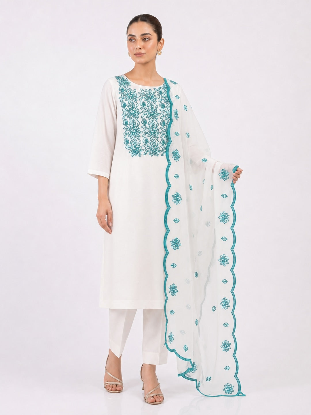 Peachmode Off White Teal Floral Embroidered Dress Material - Image 5