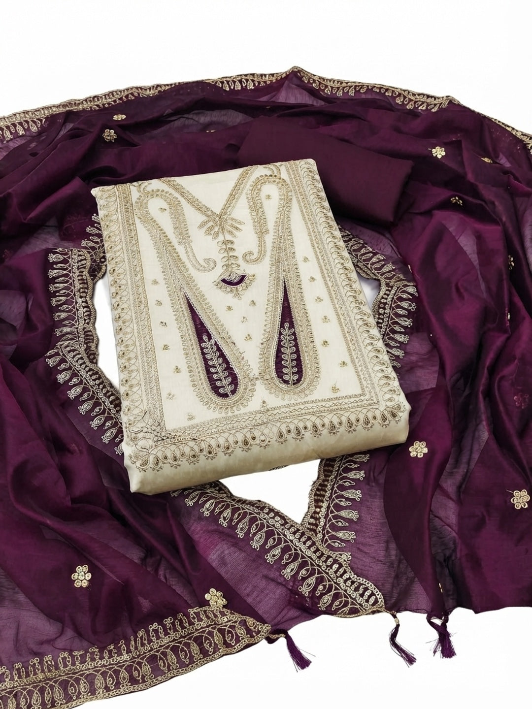 Off White Paisley Embroidered Chanderi Dress Material - Flat lay
