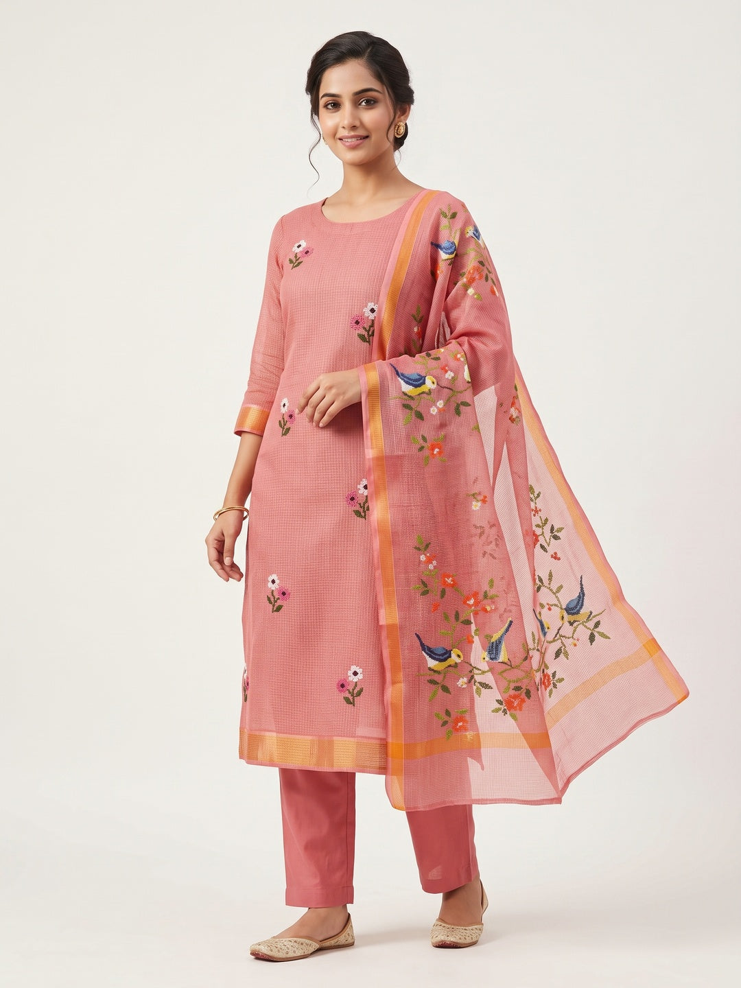 Peach Floral Embroidered Kota Doria Dress Material - Image 1