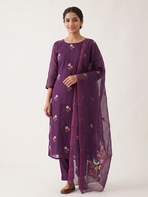 Dark Purple Floral Embroidered Kota Doria Dress Material - Image 1