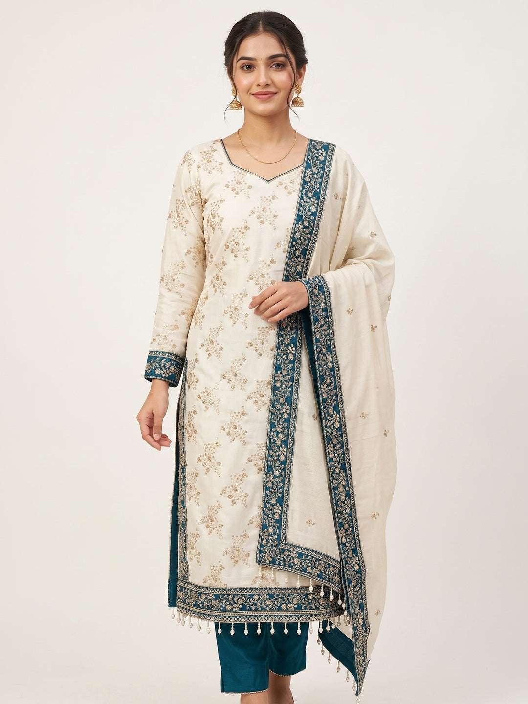 Teal and Off White Vichitra Silk Fabric with Embroidered Detailing - Image 2