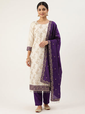 Violet and Off White Vichitra Silk Fabric with Embroidered Detailing - Image 1