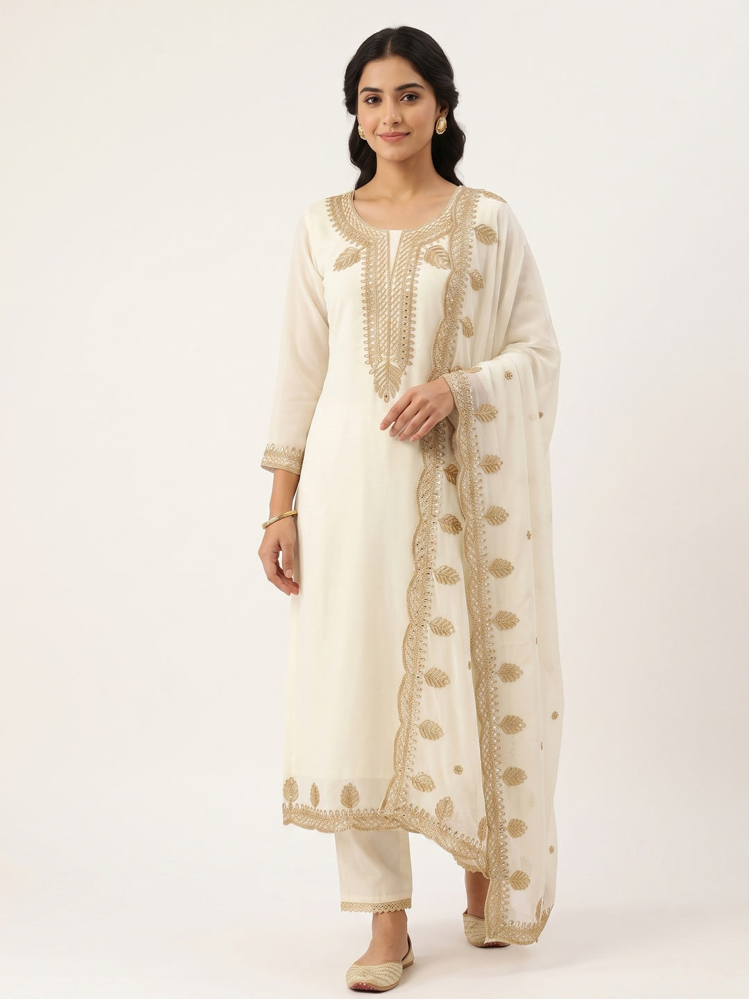 Off White Ethnic Dress Material in Georgette with Embroidery - Image 1