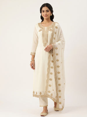 Off White Ethnic Dress Material in Georgette with Embroidery - Image 1