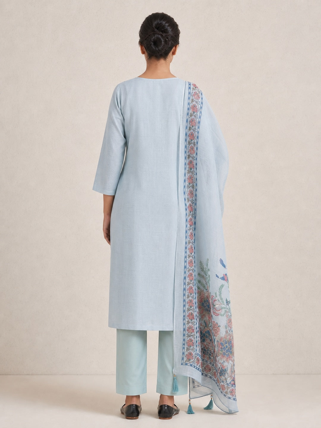 Peachmode Light Blue Floral Embroidered Linen Cotton Dress Material - Image 3